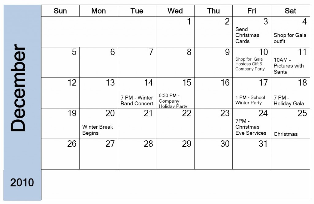 December Holiday Planning Calendar